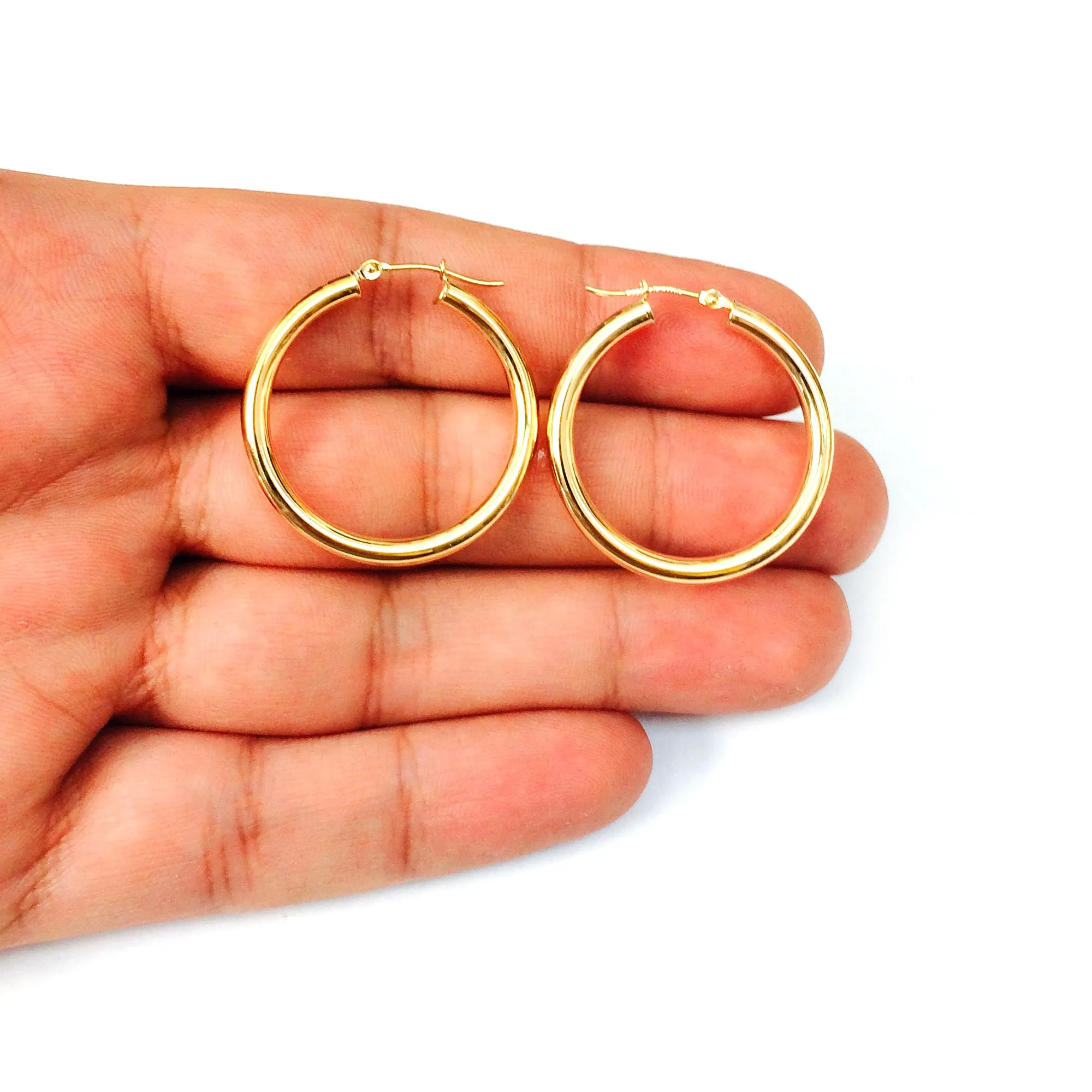 10k Yellow Gold 3mm Shiny Round Tube Hoop Earrings