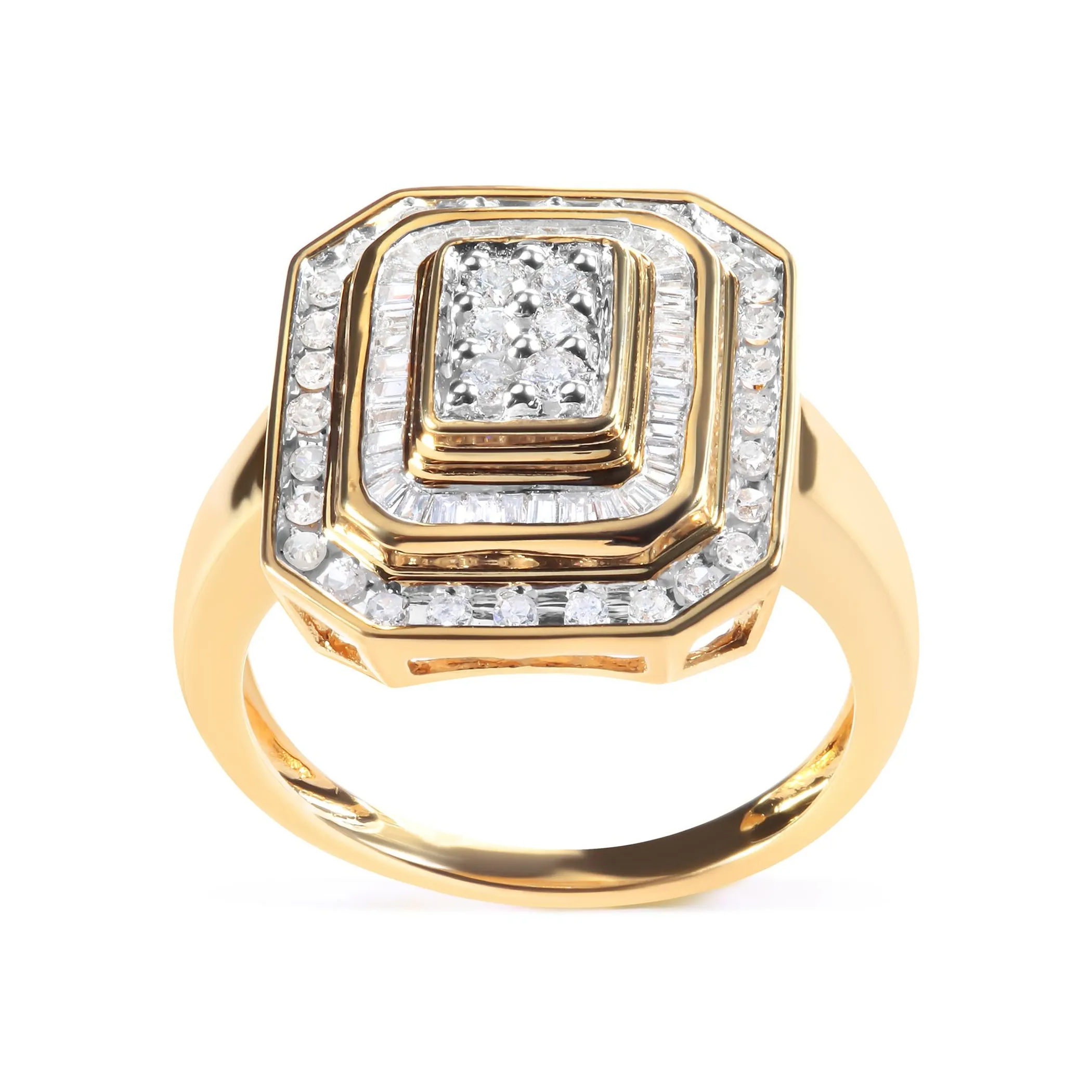 10K Yellow Gold Plated .925 Sterling Silver 1/2 Cttw Round & Baguette Diamond Ring (I-J Color, I2-I3 Clarity)