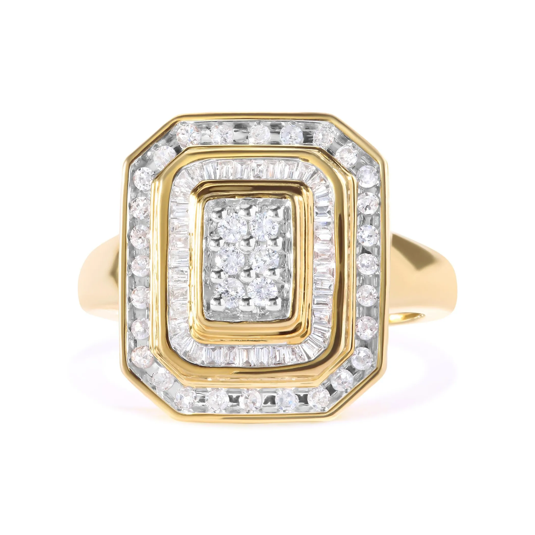 10K Yellow Gold Plated .925 Sterling Silver 1/2 Cttw Round & Baguette Diamond Ring (I-J Color, I2-I3 Clarity)