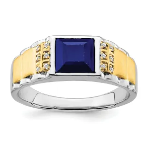 14k Two-tone Created Sapphire & Diamond Mens Ring