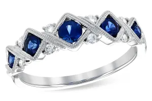 14K White Gold Blue Sapphire Milgrain Patterned Band