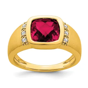 14k Yellow Gold Created Ruby and Diamond Men's Ring.