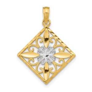 14K Yellow Gold, White Rhodium Polished Finish  Filigree Flower in Cross Square Design Pendant