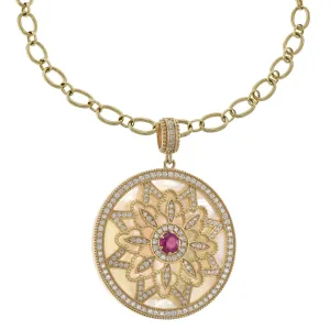 14KT Yellow Gold Mother of Pearl, Diamond and Ruby Disc Pendant