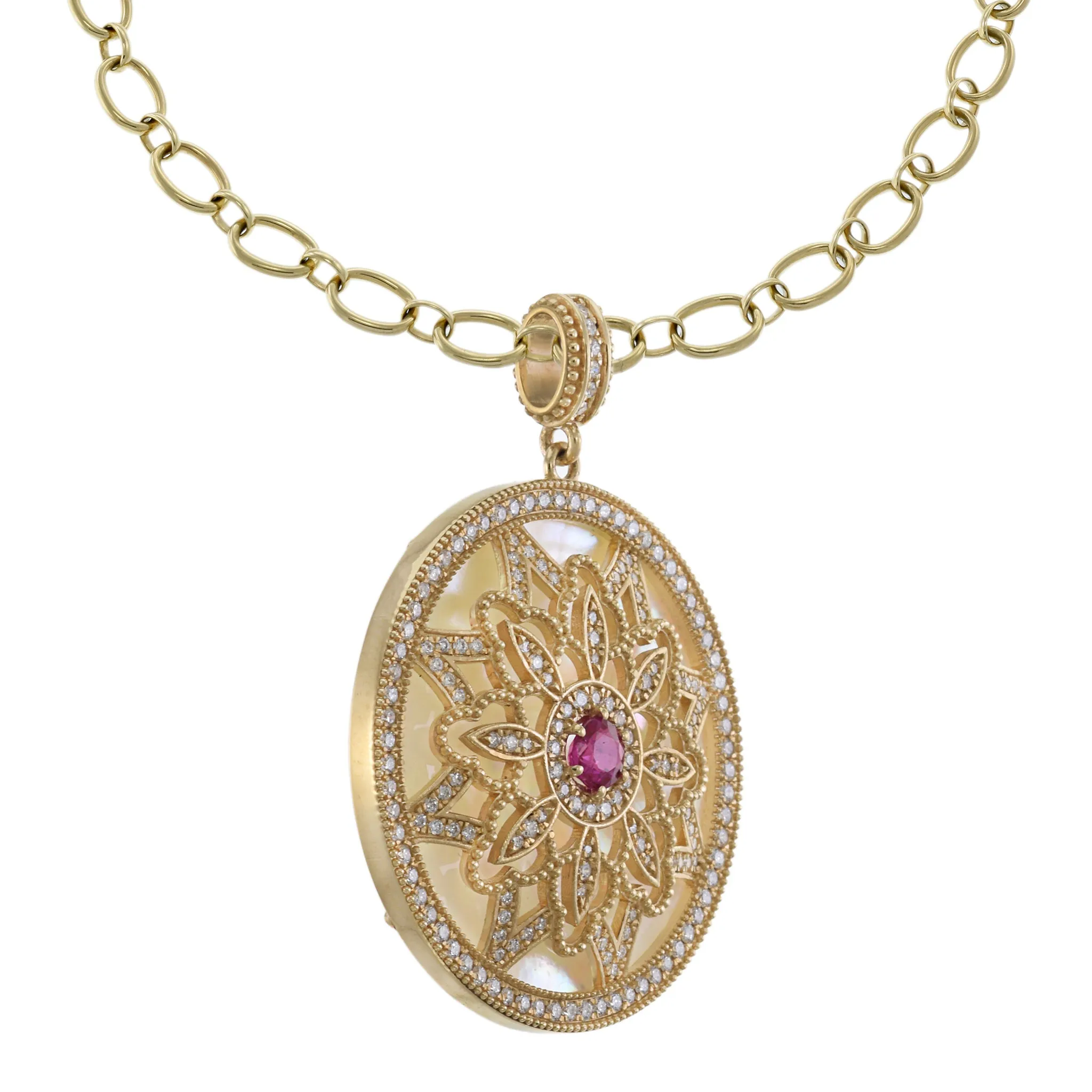 14KT Yellow Gold Mother of Pearl, Diamond and Ruby Disc Pendant