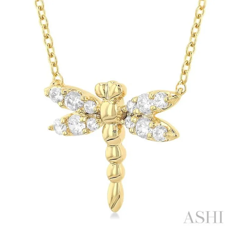 1/6 ctw Petite Dragonfly Round Cut Diamond Fashion Pendant With Chain in 10K Yellow Gold