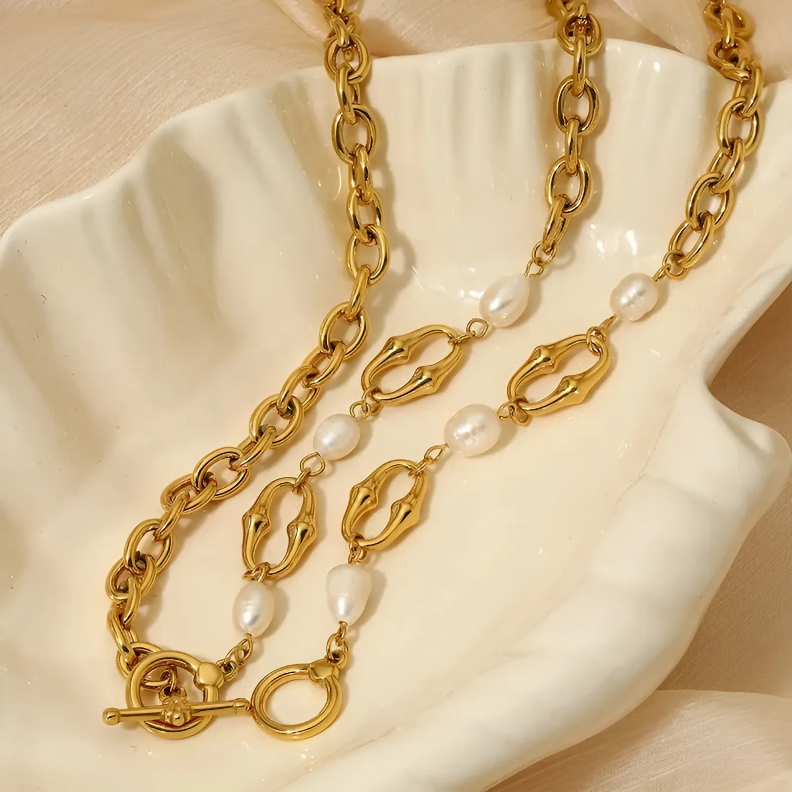 18K Gold Plated Freshwater Pearl Chain Link Necklace