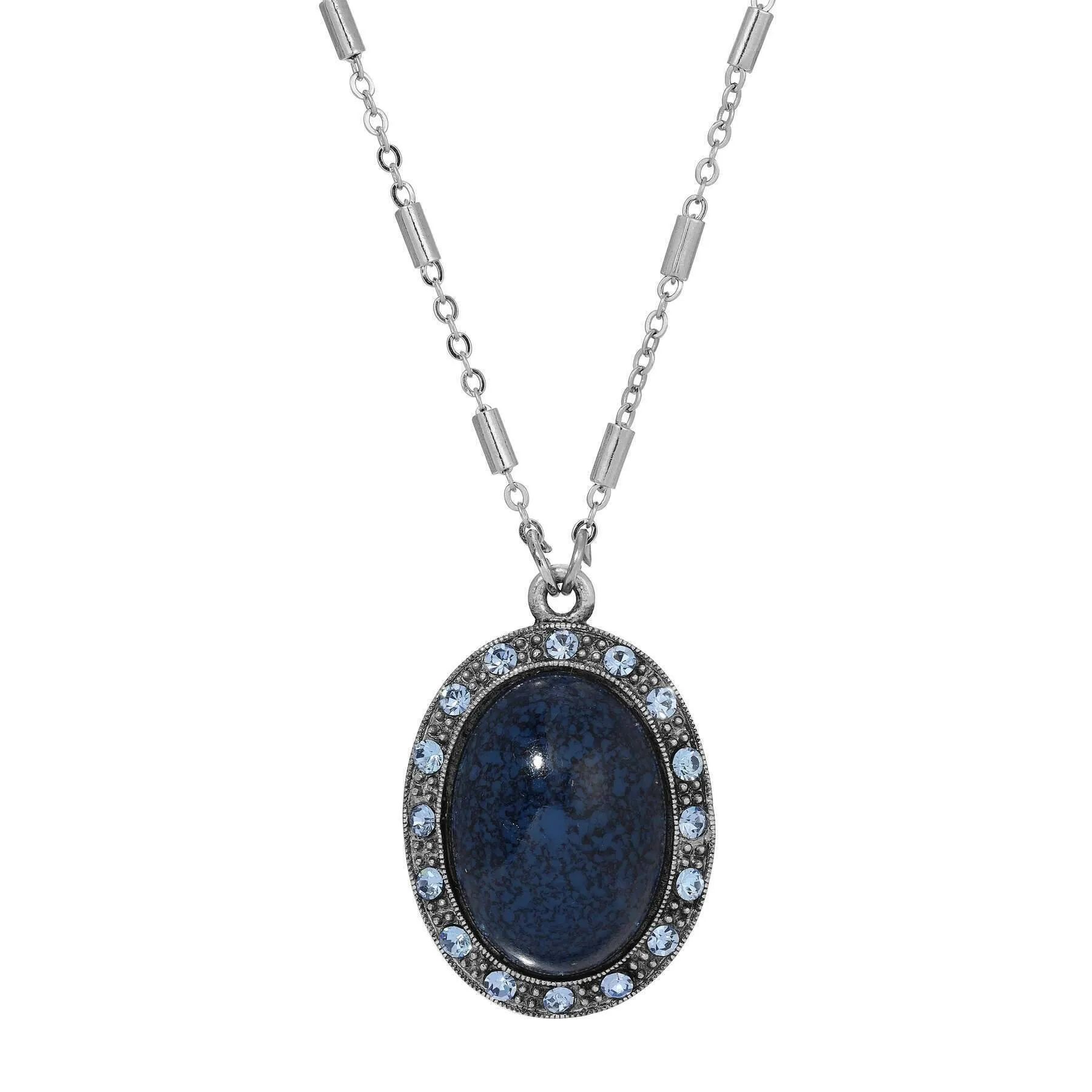 1928 Jewelry Oval Lapis Blue Stone & Light Sapphire Crystal Pendant Necklace 16"   3" Extension