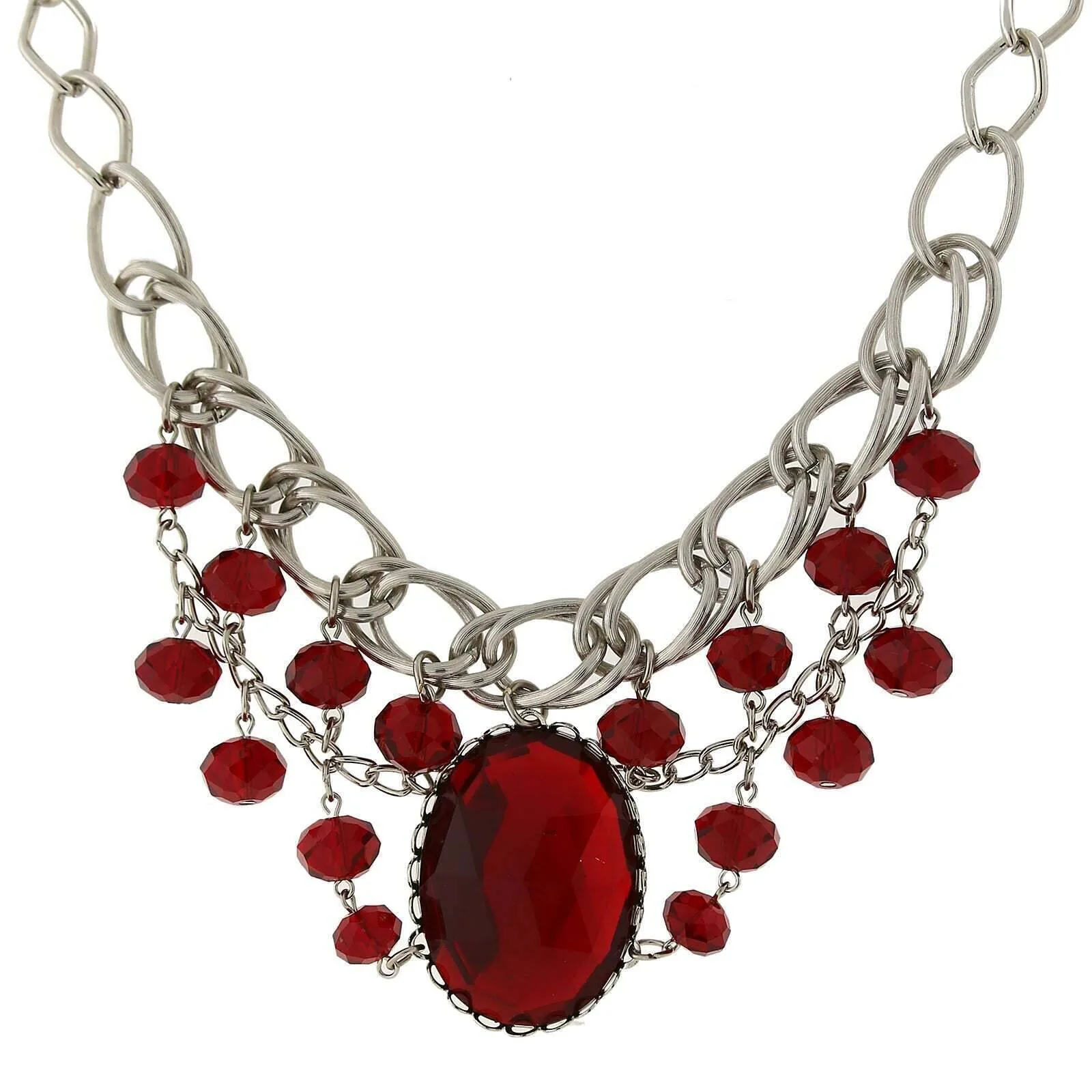 1928 Jewelry Red Faceted Oval Stone And Crystal Bead Bib Necklace 18"