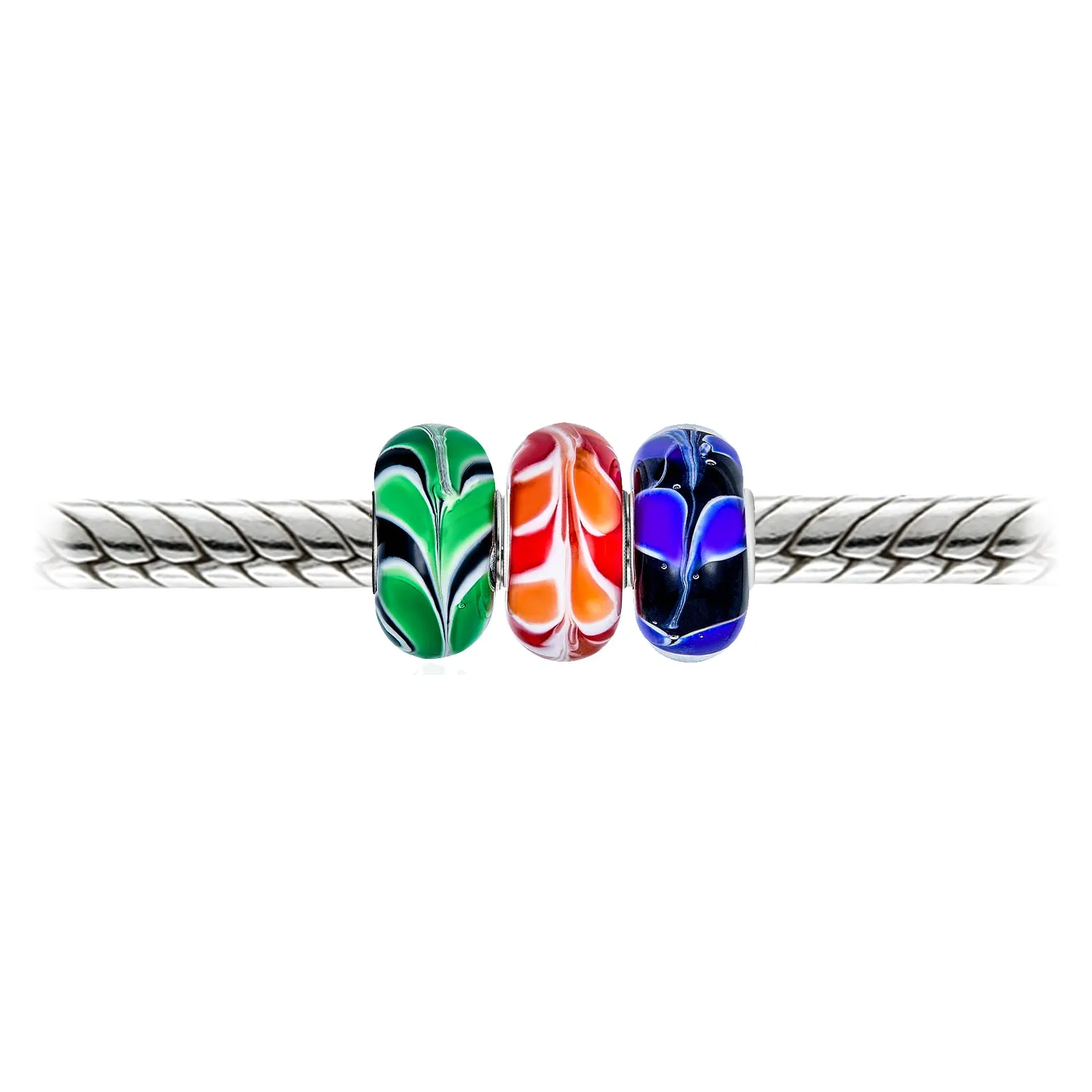 3 Set Bundle Multi Color Murano Glass Swirl Leaf Charm Bead .925 Silver