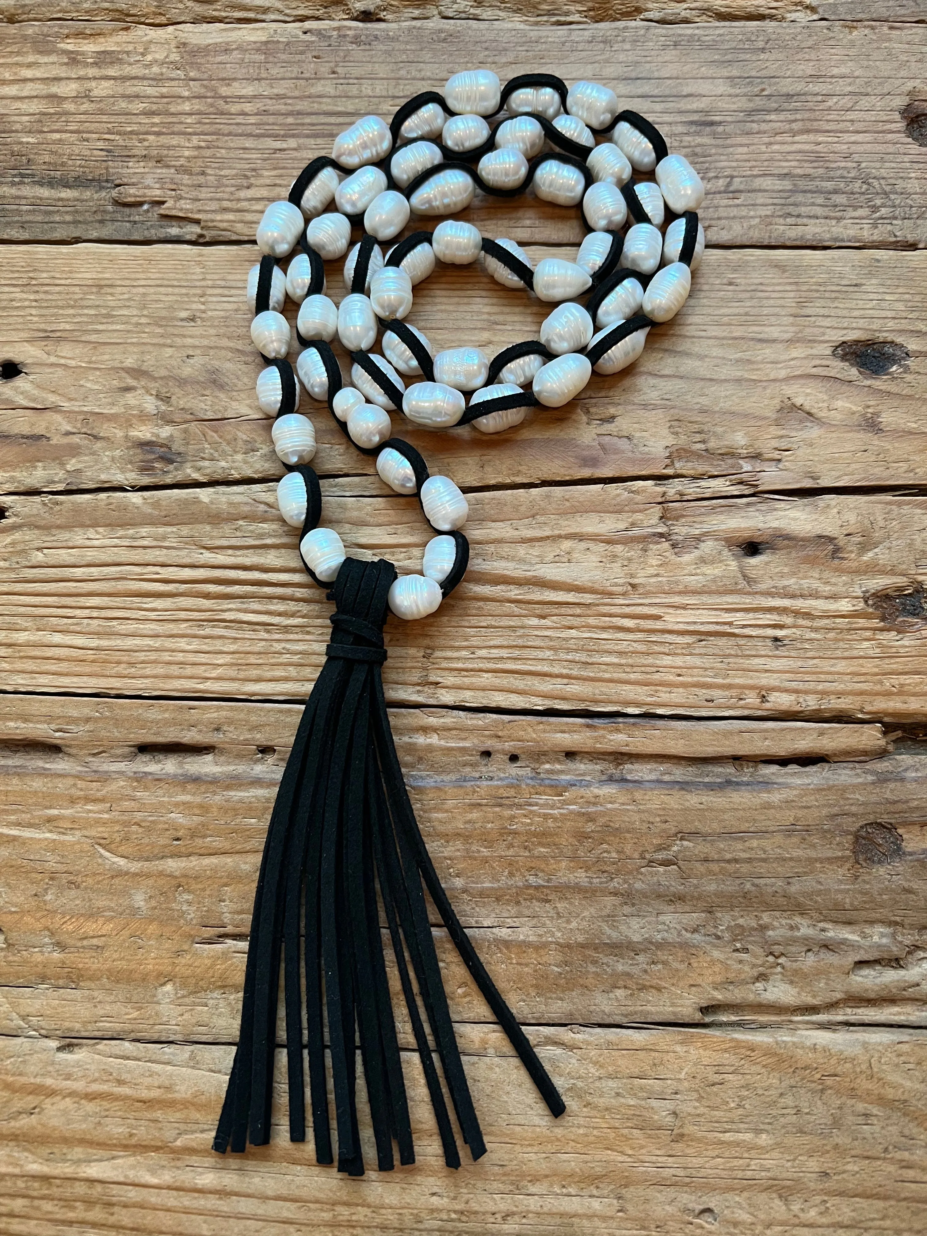 36" Freshwater Pearl on Black Leather Necklace