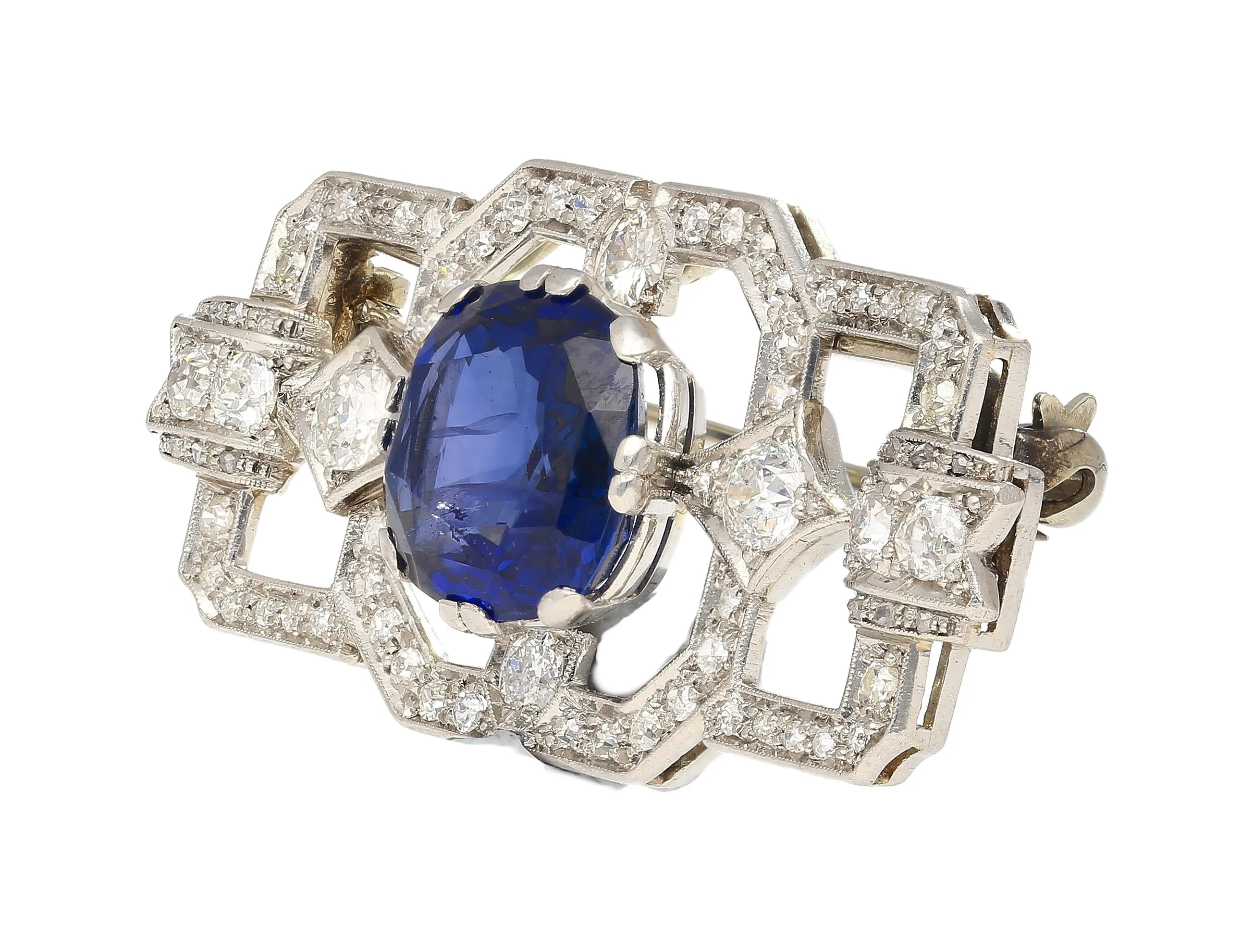 8.64 Carat AGL Certified Ceylon Cushion Cut Blue Sapphire and Diamond Brooch Pin