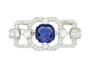 8.64 Carat AGL Certified Ceylon Cushion Cut Blue Sapphire and Diamond Brooch Pin