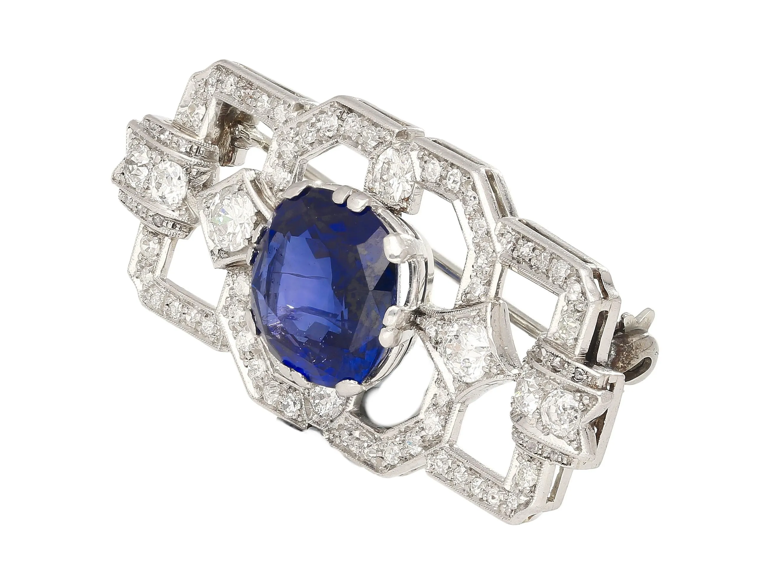 8.64 Carat AGL Certified Ceylon Cushion Cut Blue Sapphire and Diamond Brooch Pin