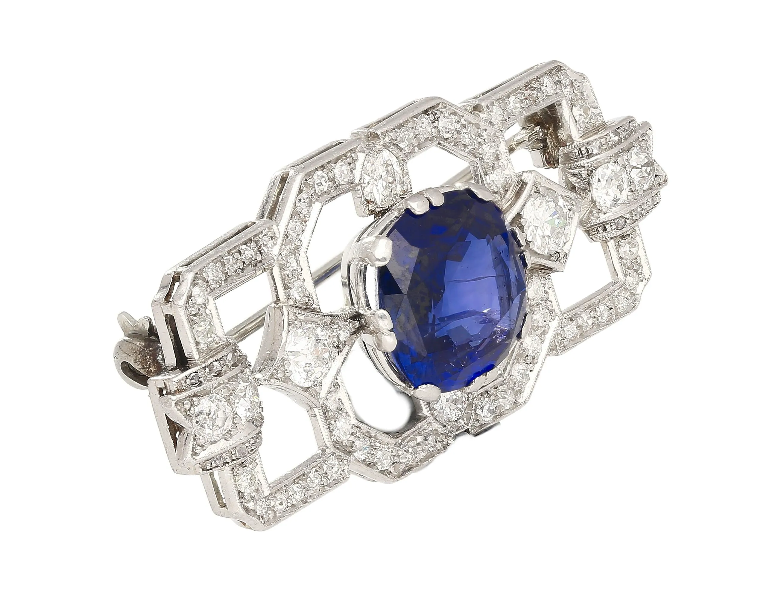 8.64 Carat AGL Certified Ceylon Cushion Cut Blue Sapphire and Diamond Brooch Pin