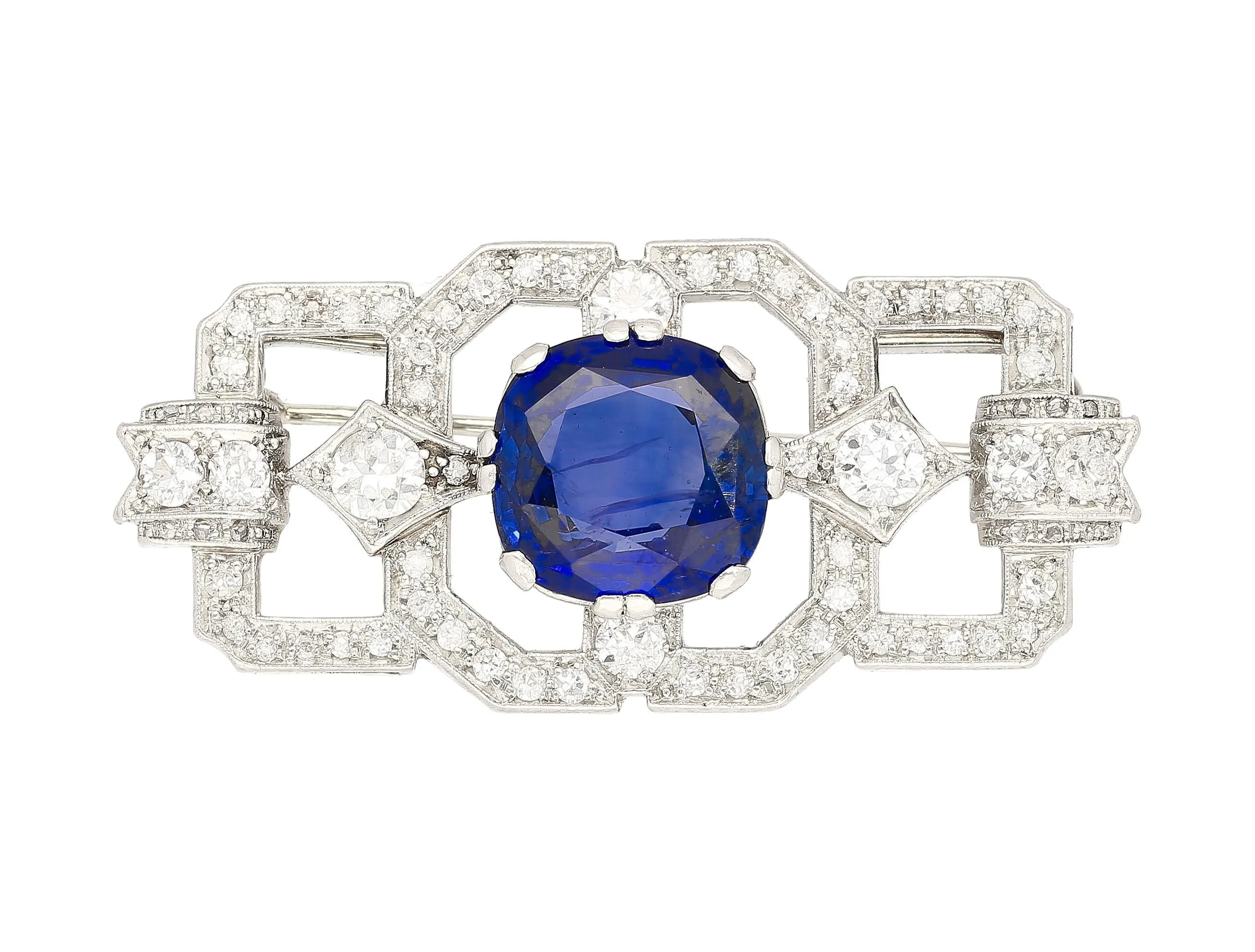 8.64 Carat AGL Certified Ceylon Cushion Cut Blue Sapphire and Diamond Brooch Pin