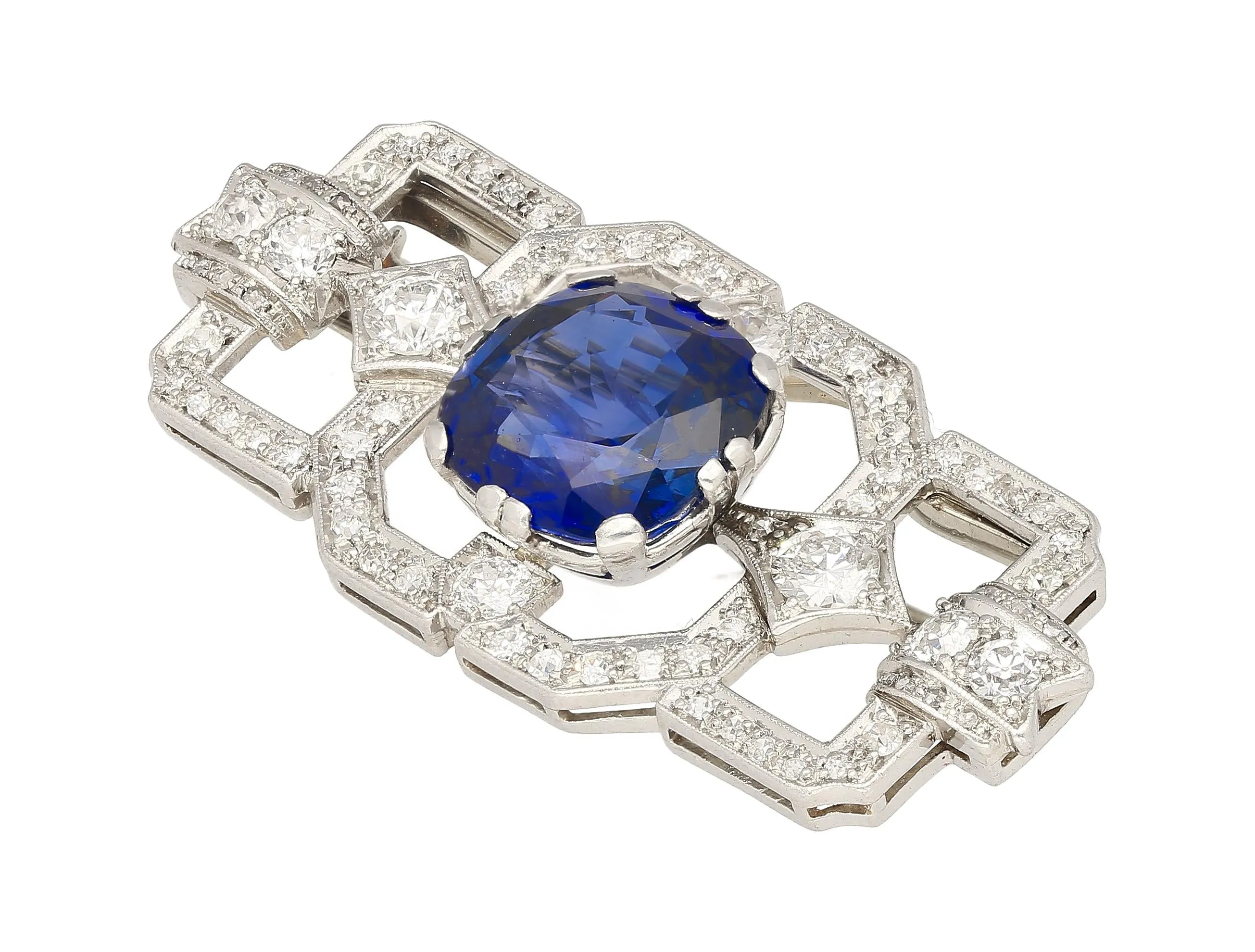 8.64 Carat AGL Certified Ceylon Cushion Cut Blue Sapphire and Diamond Brooch Pin