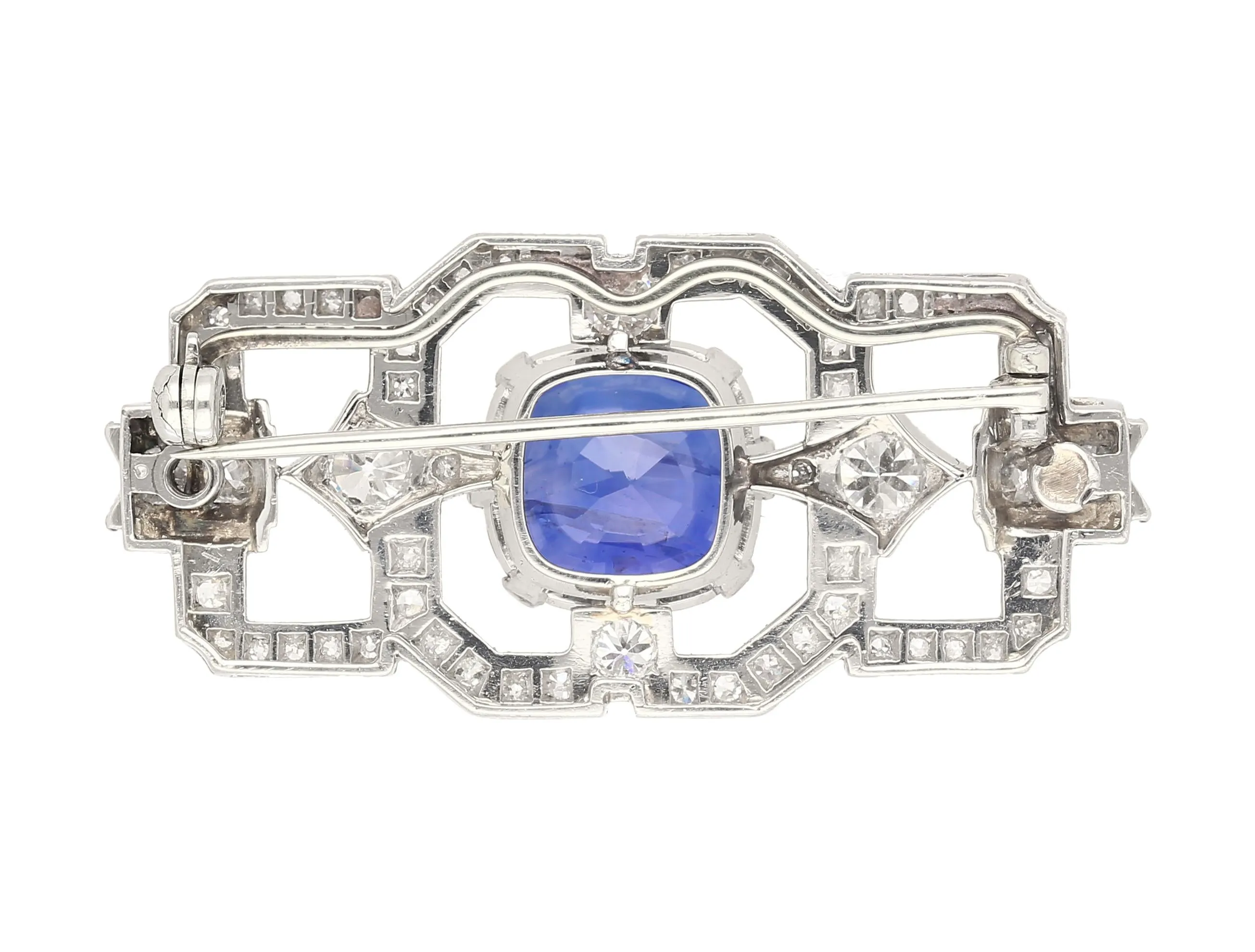 8.64 Carat AGL Certified Ceylon Cushion Cut Blue Sapphire and Diamond Brooch Pin