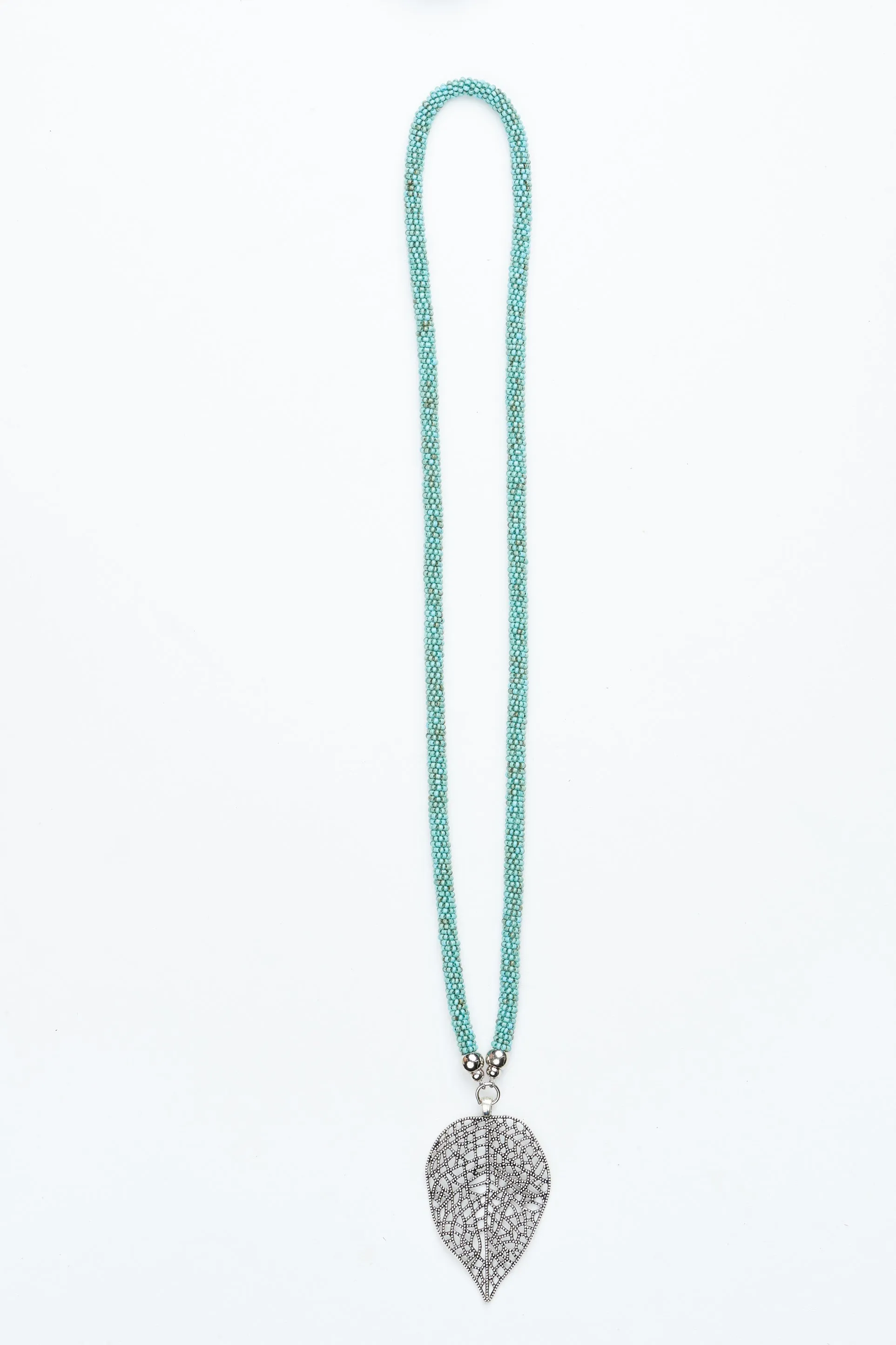 Aqua Beaded Leaf Pendant Necklace