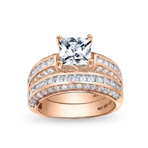 Art Deco Blue Princess Cut Cocktail Statement Ring Rose Gold Sterling Silver