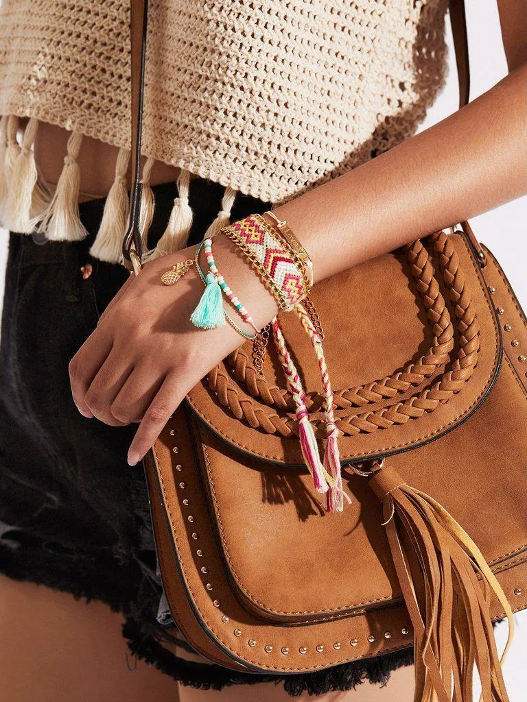 Beaded Design Bracelet Set With Tassel Charm