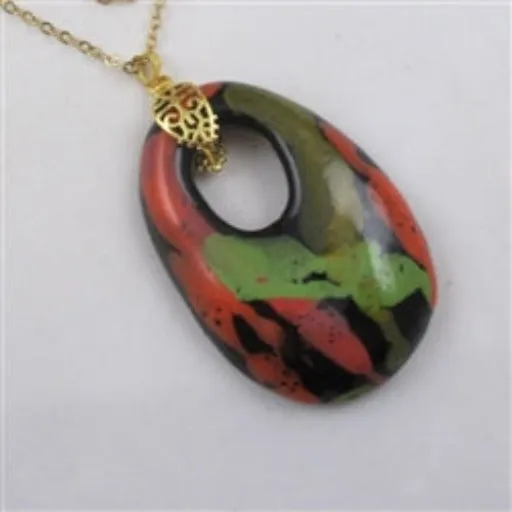 Black & Green Fair Trade Kazuri Bead  Pendant on Gold Chain