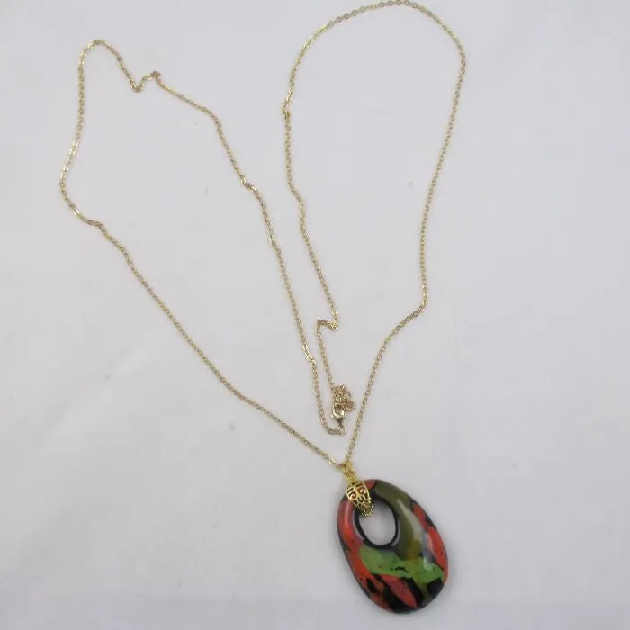 Black & Green Fair Trade Kazuri Bead  Pendant on Gold Chain