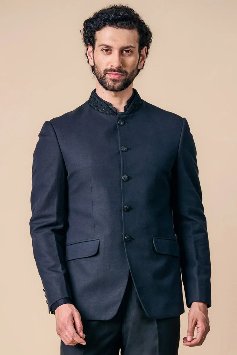 Black Linen Bandhgala With Embroidered Collar