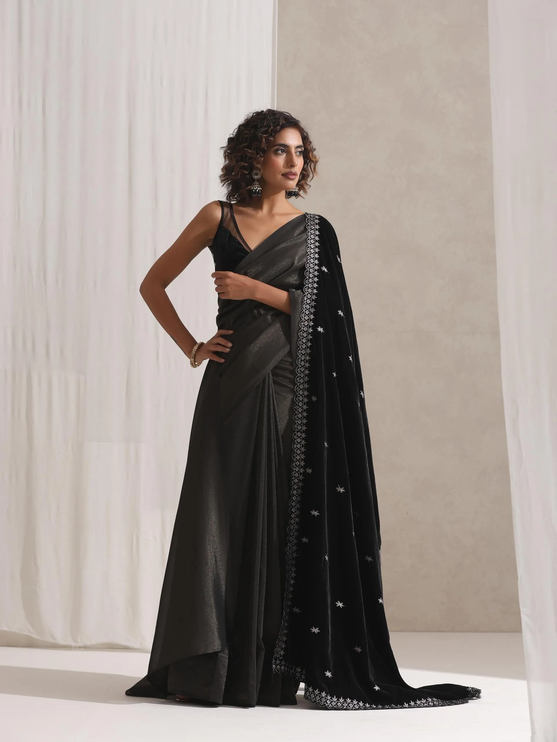 Black Woven Gold Saree with Pendants