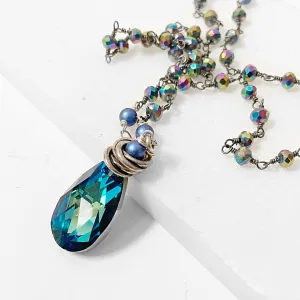 Blue Crystal Teardrop, Rainbow Pyrite Long Sterling Silver Necklace