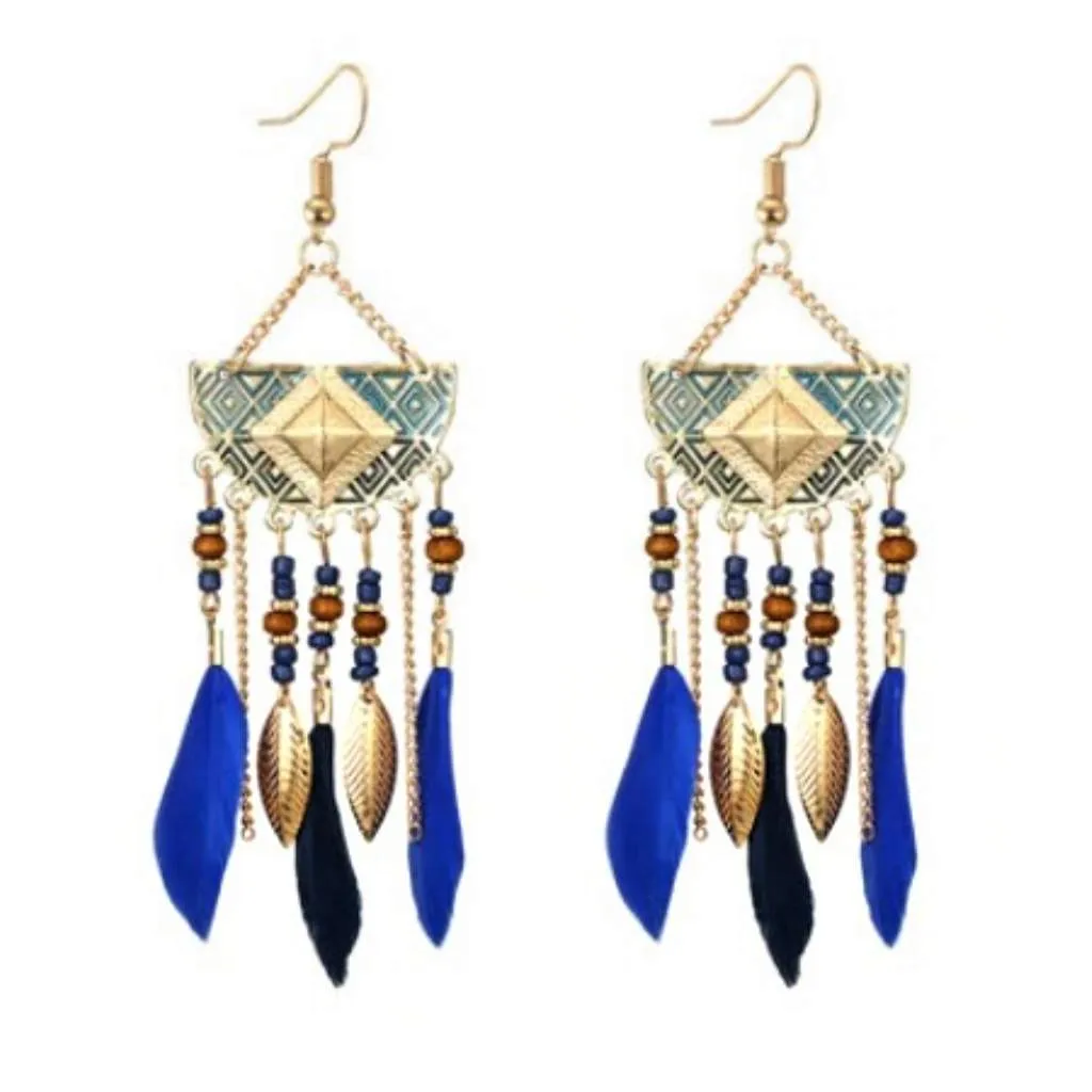 Blue Feather Long Gold Dangle Earrings