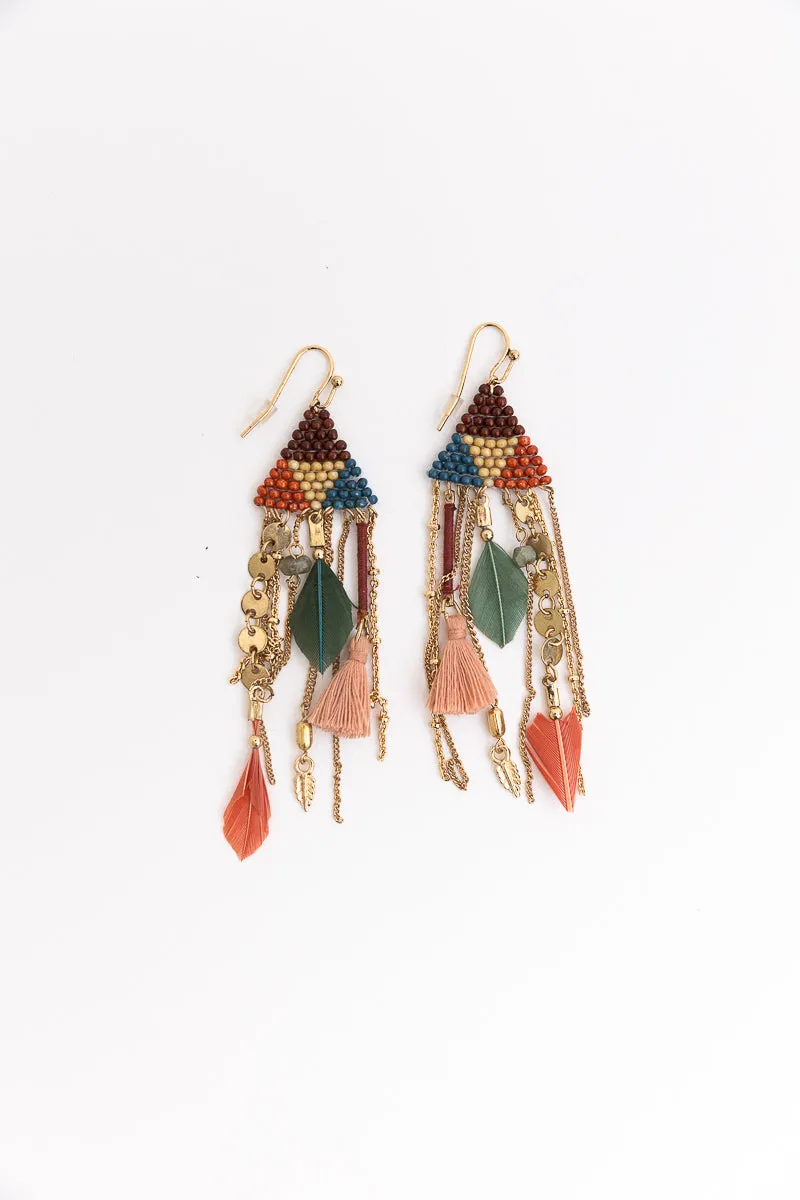 Boho Dreams Beads & Feathers Cascade Earrings