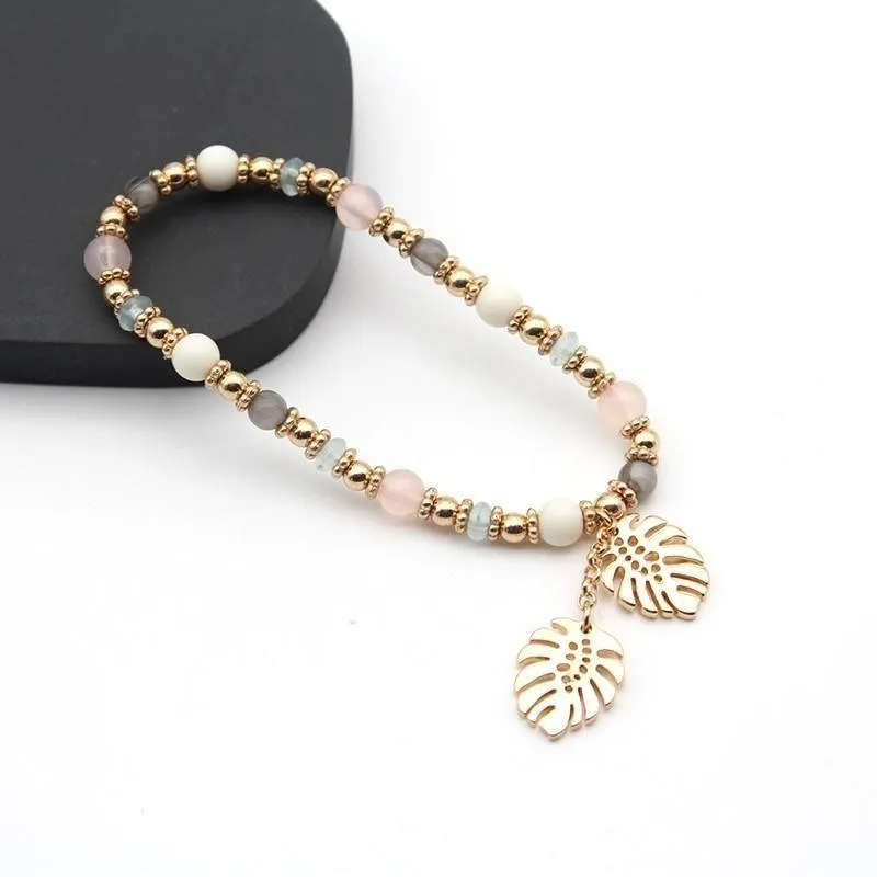 Bracelet Charm Jewelry Multi Color 2021 Fashion Colorful Crystal Leaves Elastic Bangle Acrylic Beads