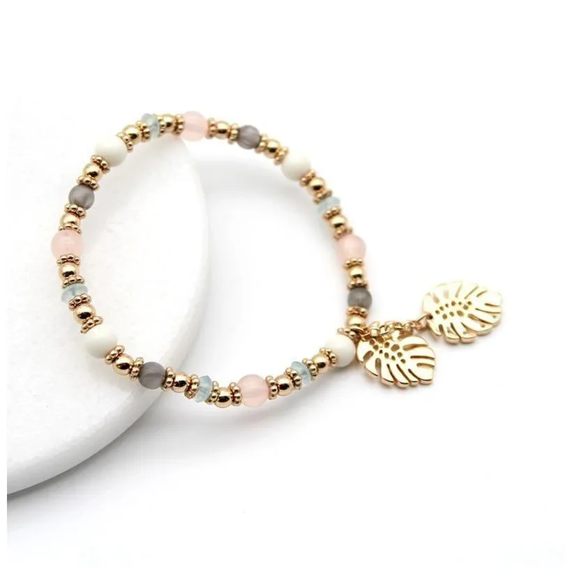 Bracelet Charm Jewelry Multi Color 2021 Fashion Colorful Crystal Leaves Elastic Bangle Acrylic Beads