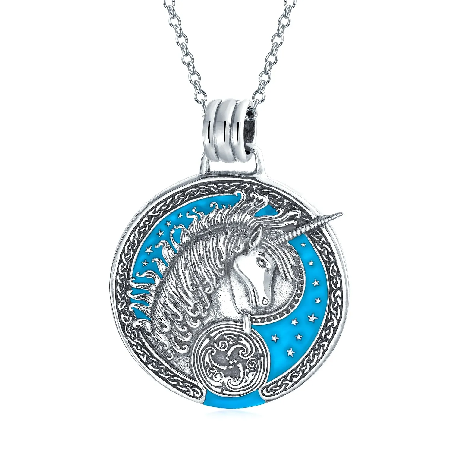 Celestial Unicorn Crescent Moon Sun Medallion Pendant Necklace Silver