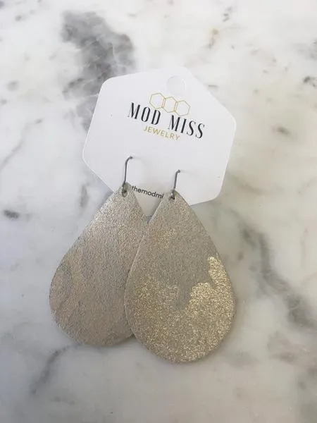 Champagne Camo Leather Teardrop Earrings