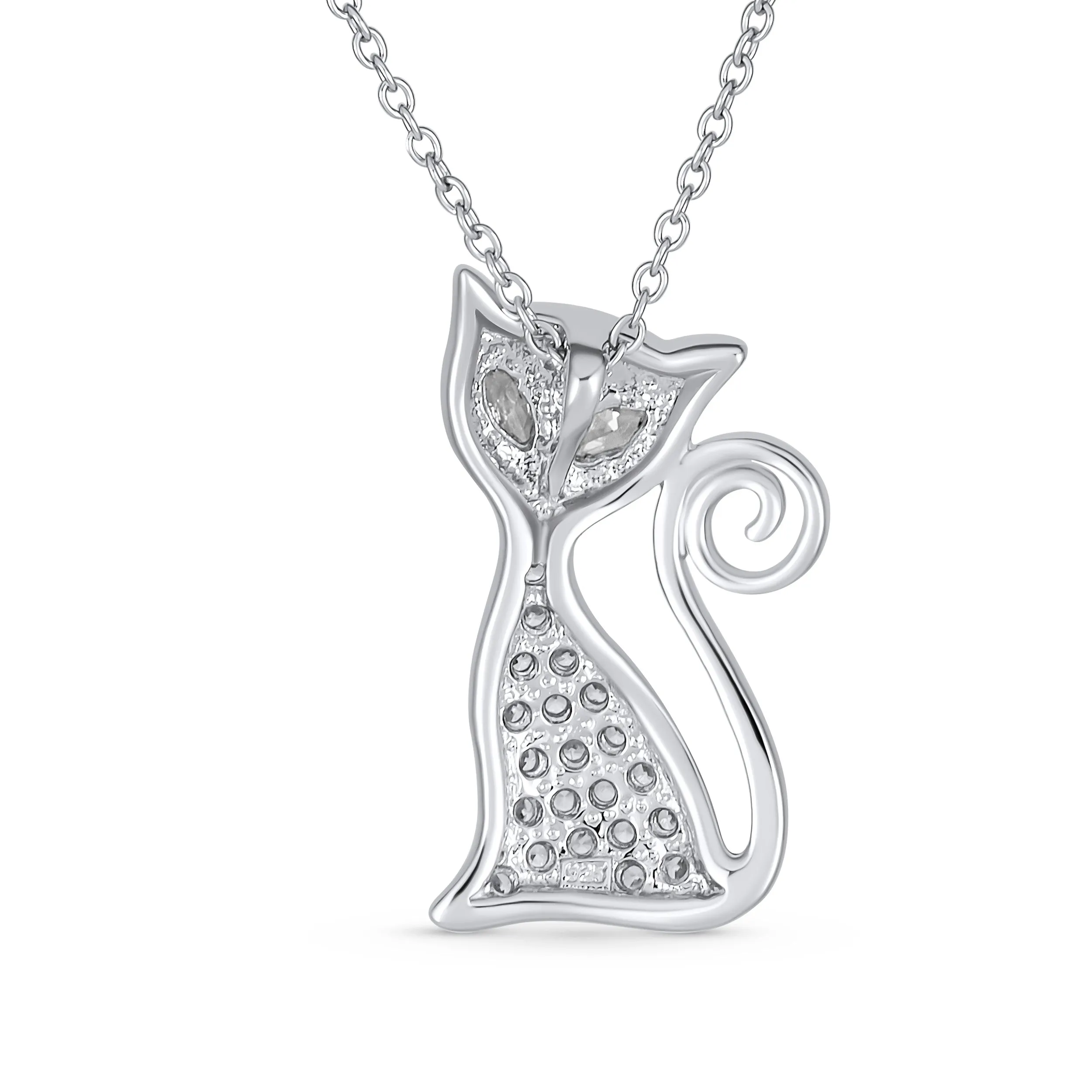 Charming BFF Curly Tail Kitty Cat Pendant Necklace CZ Pet Jewelry in Silver