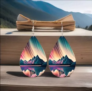 Colorful Aurora Mountain Lake Print Teardrop Shape Leatherette Dangle Earrings