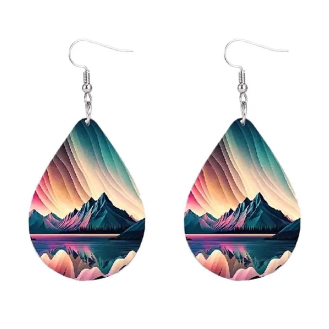 Colorful Aurora Mountain Lake Print Teardrop Shape Leatherette Dangle Earrings