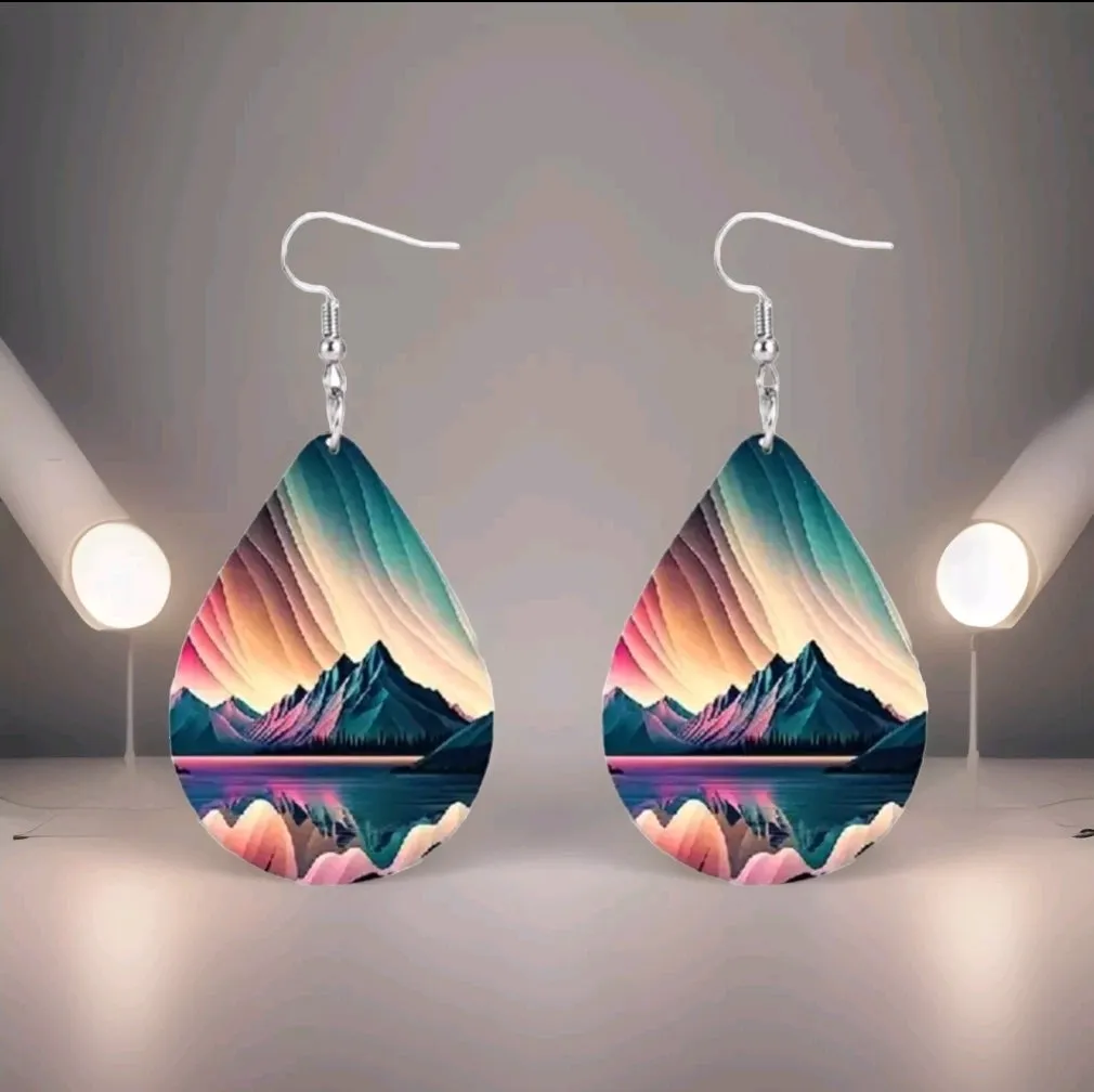 Colorful Aurora Mountain Lake Print Teardrop Shape Leatherette Dangle Earrings