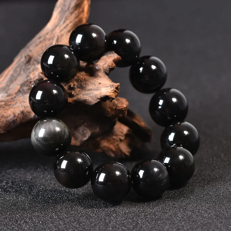 Double eye round bead obsidian bracelet