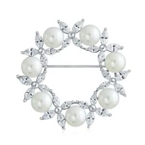 Elegant Bridal Marquise CZ Cubic Zirconia Pearl Wreath Brooche Pin for Weddings