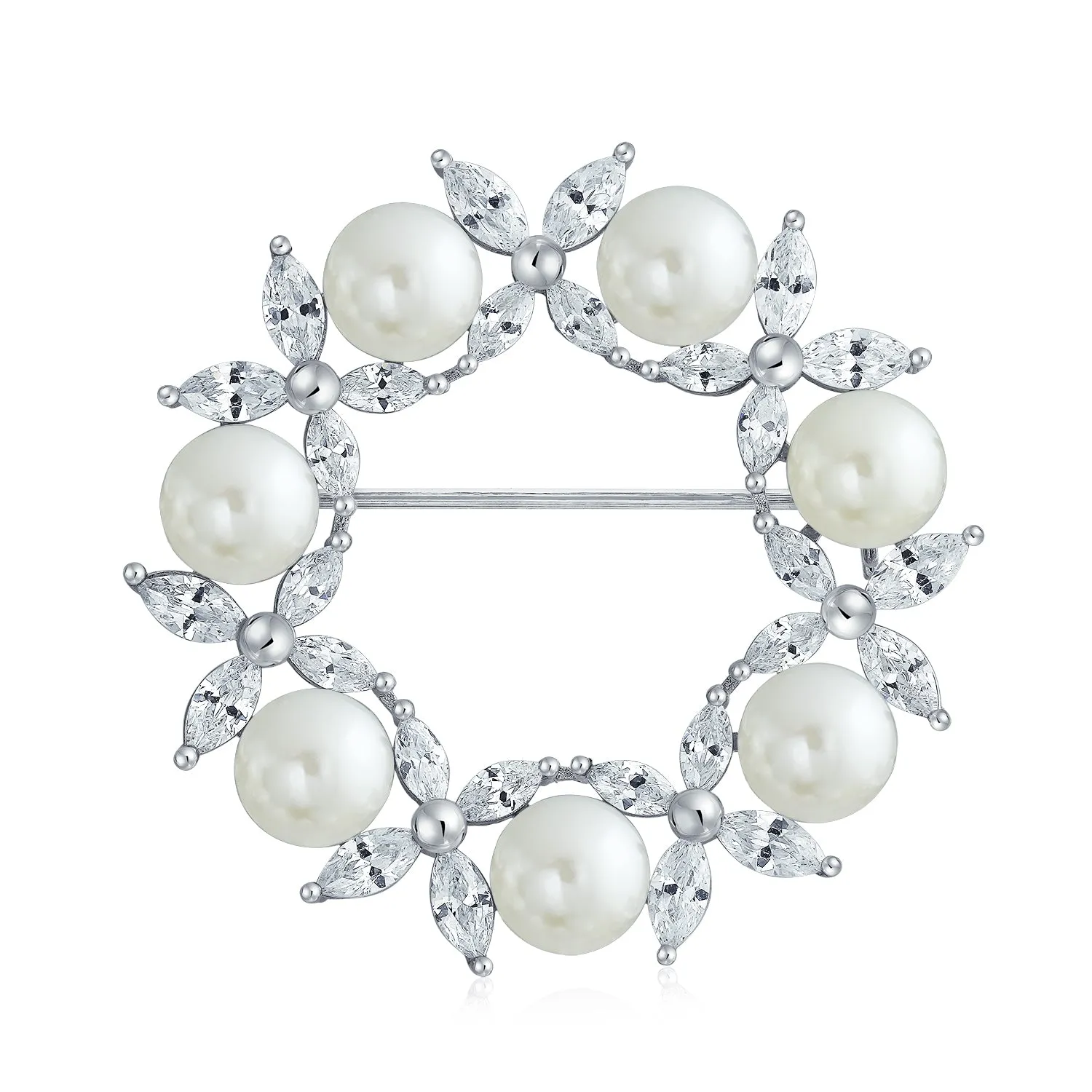 Elegant Bridal Marquise CZ Cubic Zirconia Pearl Wreath Brooche Pin for Weddings