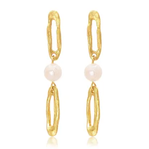 Elongated link drop earrings with pearl accent