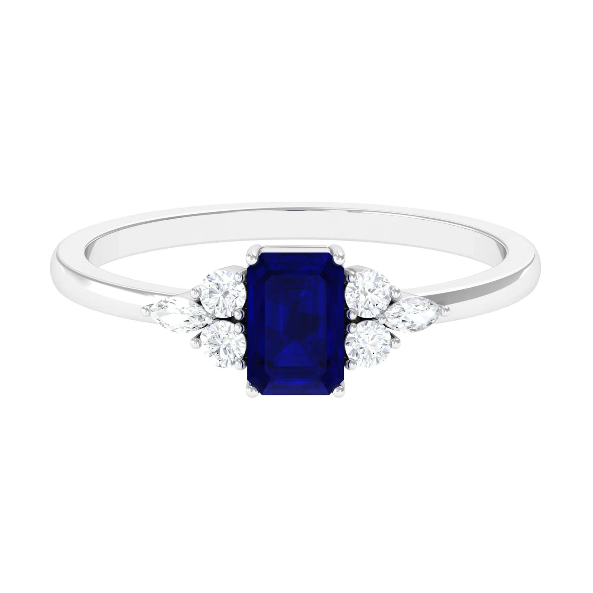 Emerald Cut Blue Sapphire Solitaire Ring with Diamond Trio