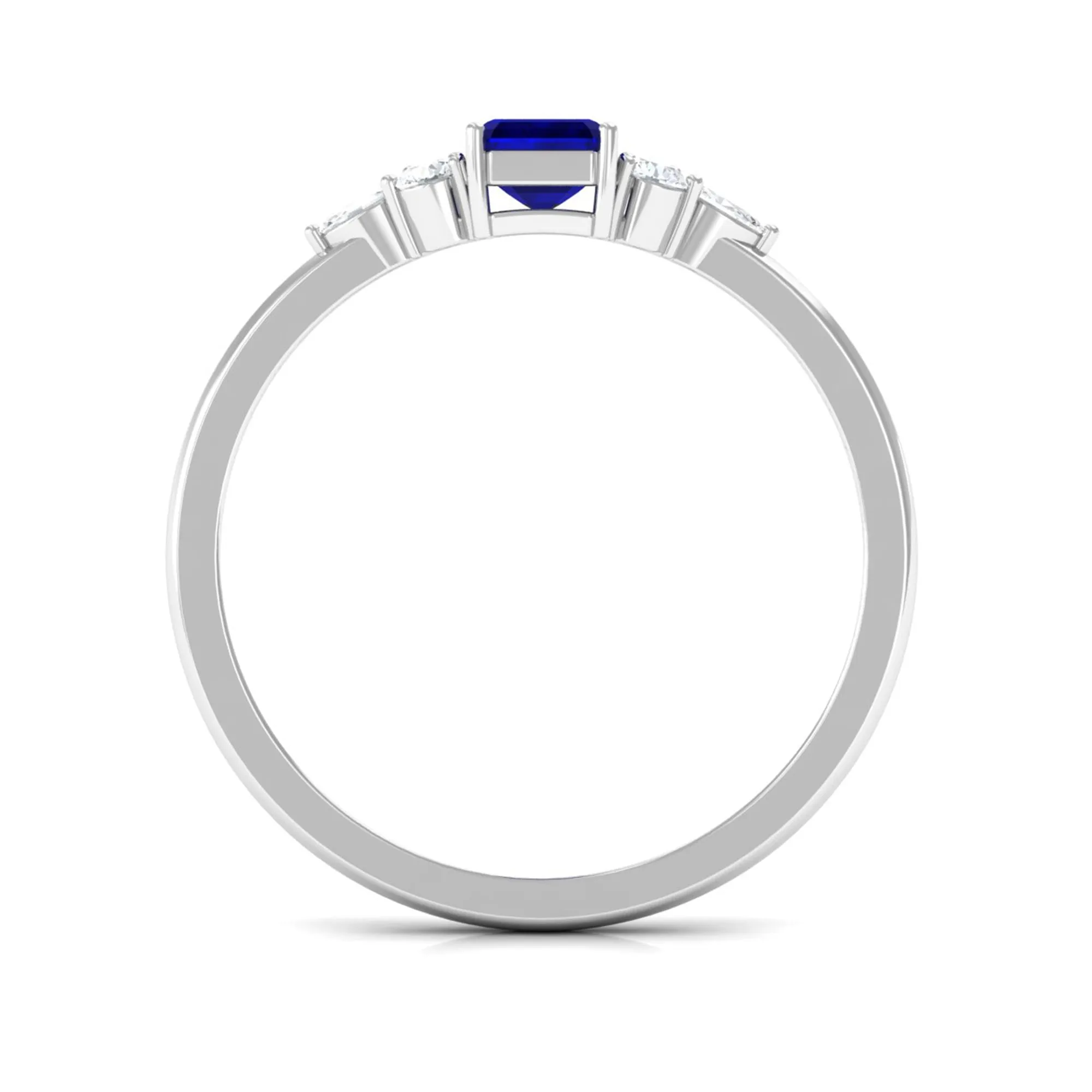 Emerald Cut Blue Sapphire Solitaire Ring with Diamond Trio