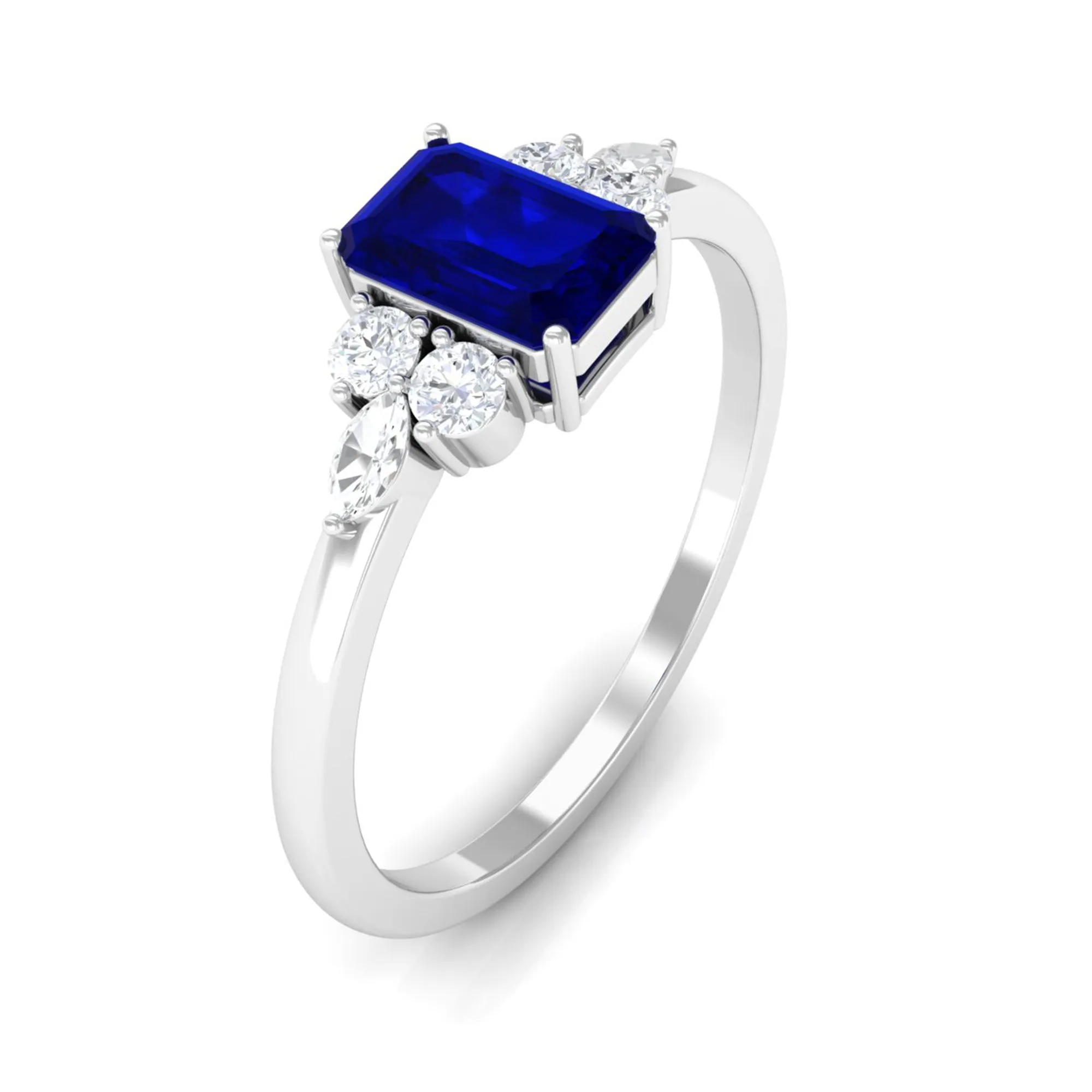 Emerald Cut Blue Sapphire Solitaire Ring with Diamond Trio