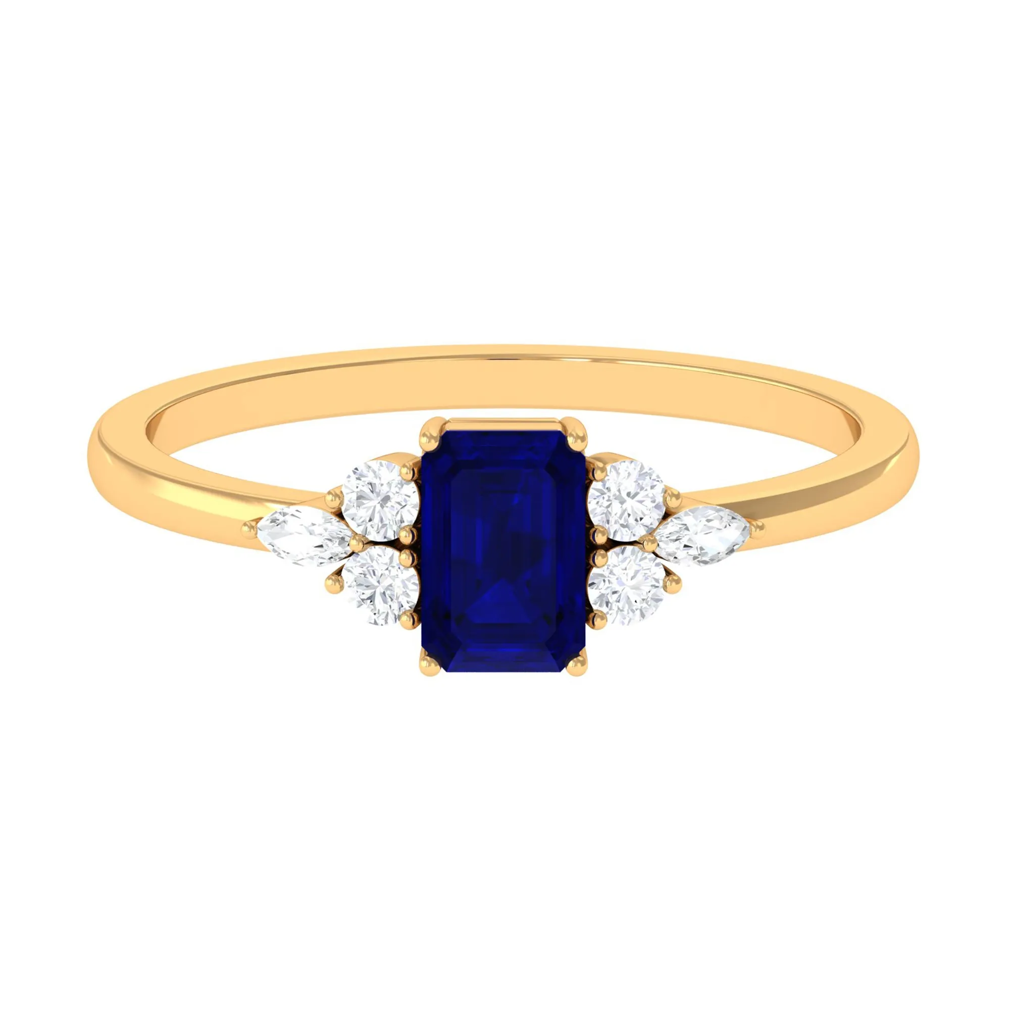 Emerald Cut Blue Sapphire Solitaire Ring with Diamond Trio