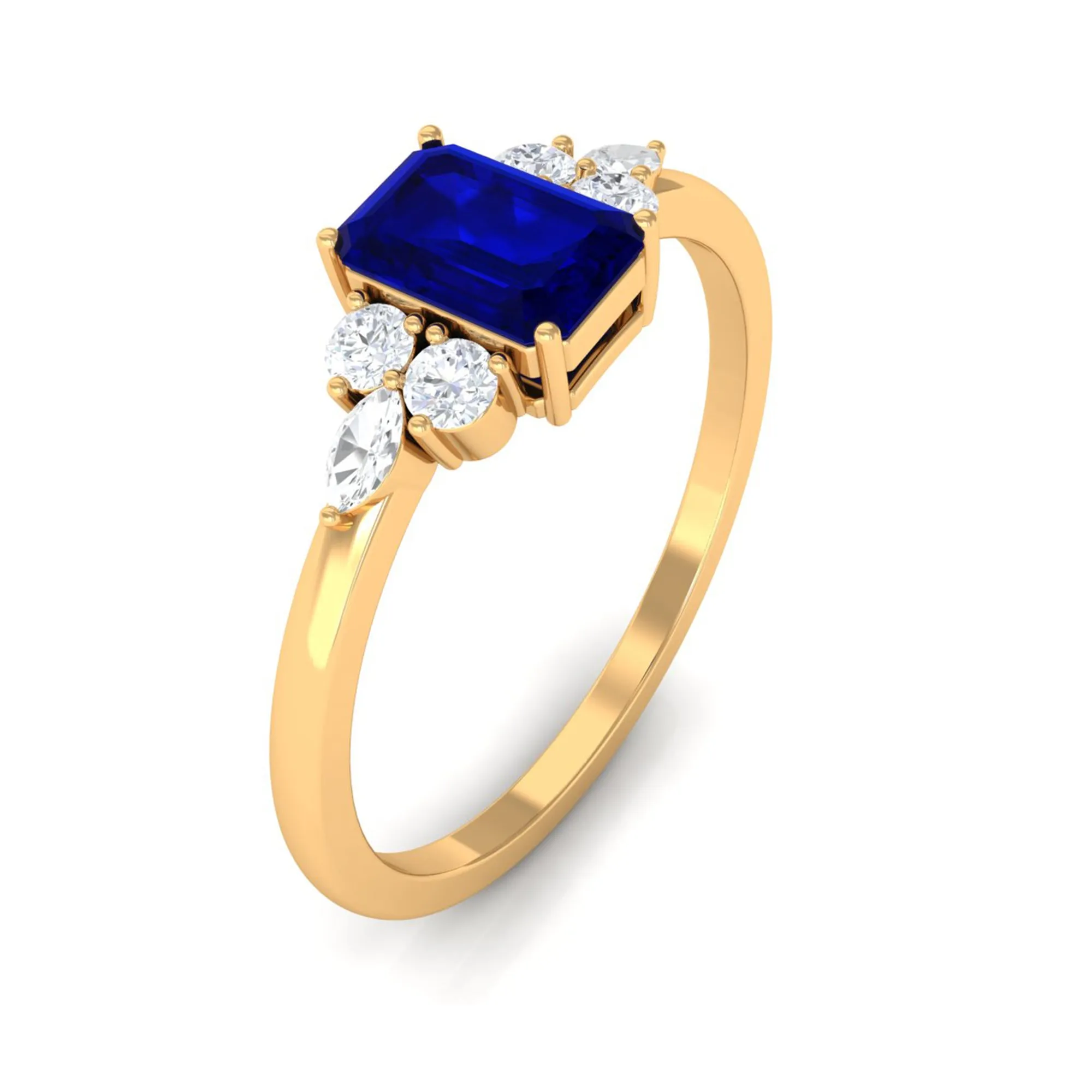 Emerald Cut Blue Sapphire Solitaire Ring with Diamond Trio