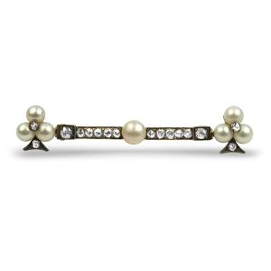 Estate 14K Yellow Gold Georgian / Victorian Clover Diamond and Pearl Brooch